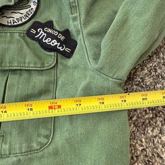 Forever 21 Green Denim Jean Army Military Jacket Patches Lightweight M - Picture 7 of 7